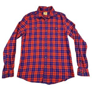 True Craft Men's Flannel Button Up Long Sleeve Blue Red Plaid Medium
